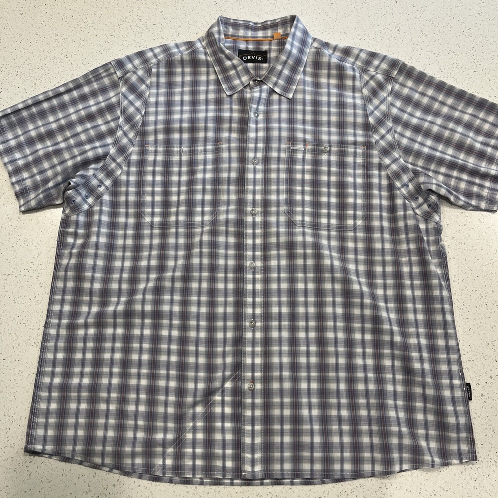 Orvis Trout Bum Men's Gray Plaid S/S Button Down Shirt XXL Vented 100% Polyester